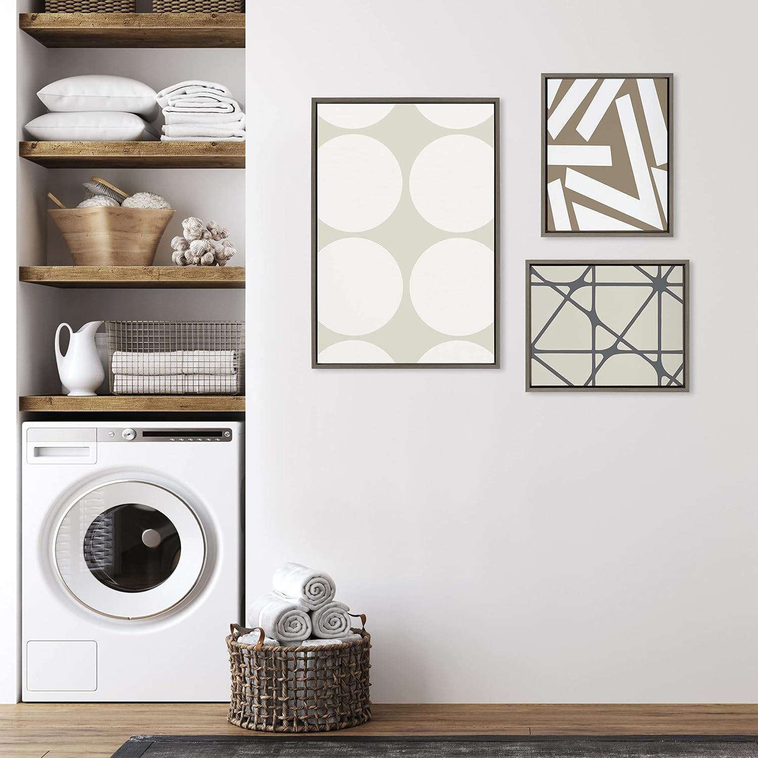 Kate and Laurel Sylvie Elevated Modern Neutral Dots Pattern No 2 and Stained Glass Framed Canvas Wall Art Set by The Creative Bunch Studio Set of 3 16x20 and 23x33 Natural Abstract Wall DcorGray
