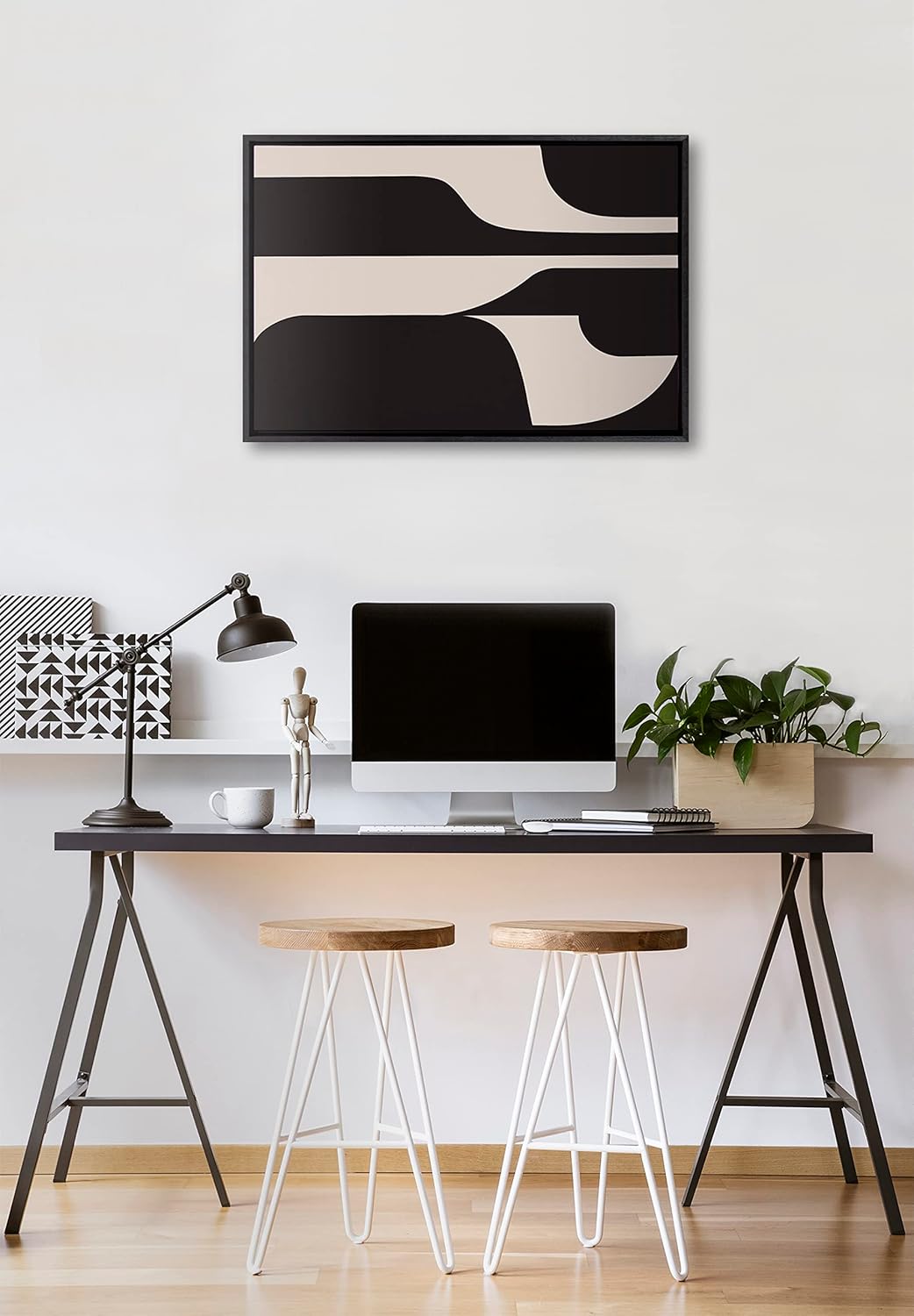 Kate and Laurel Sylvie Eye Catching Sleek Abstract 6 Black and Beige Framed Canvas Wall Art by The Creative Bunch Studio 23x33 Black Modern Contemporary Art for WallBlack