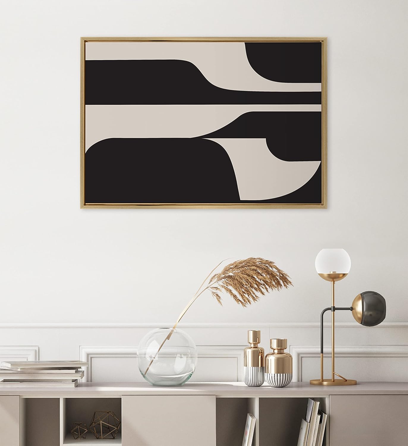 Kate and Laurel Sylvie Eye Catching Sleek Abstract 6 Black and Beige Framed Canvas Wall Art by The Creative Bunch Studio 23x33 Black Modern Contemporary Art for WallGold