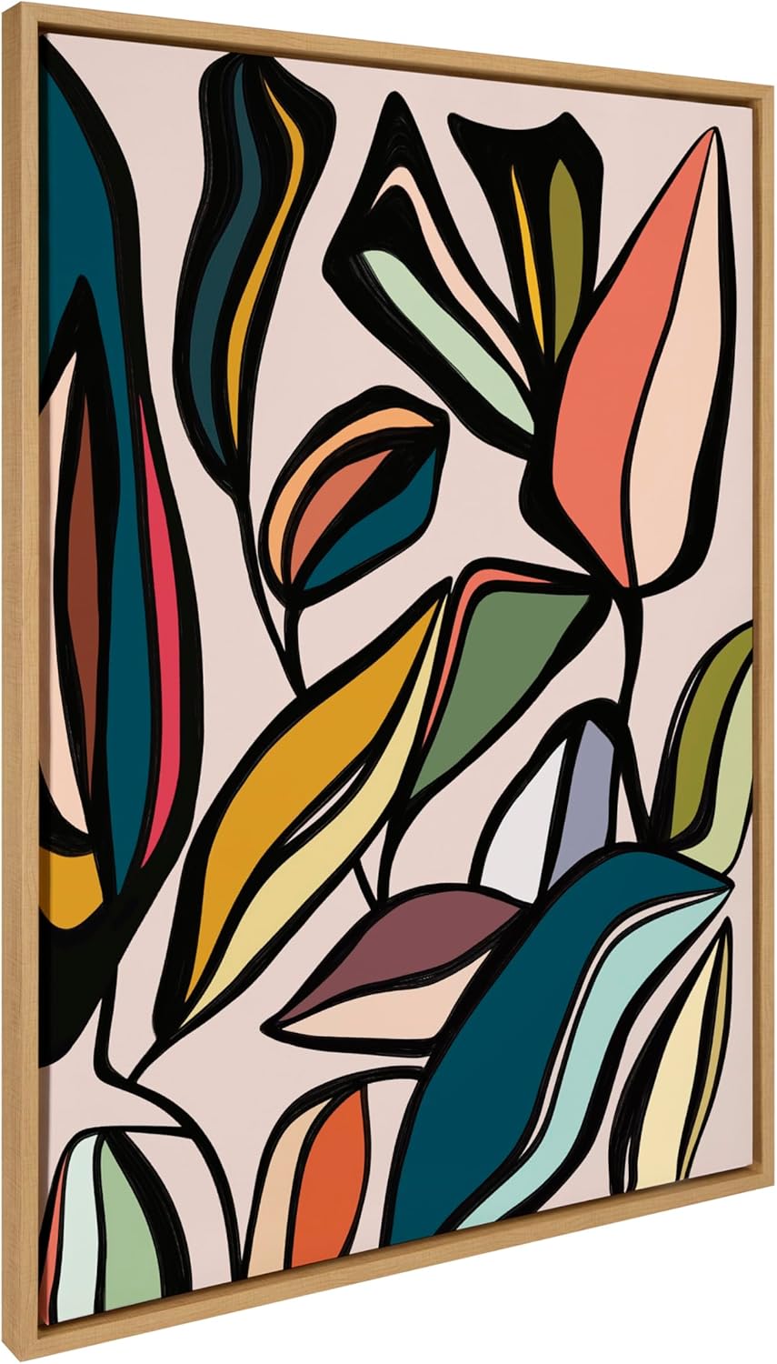 Kate and Laurel Sylvie Fanciful Ficus Framed Canvas Wall Art by Alicia Bock 18x24 Natural Colorful Plant Leaves Art for WallNatural