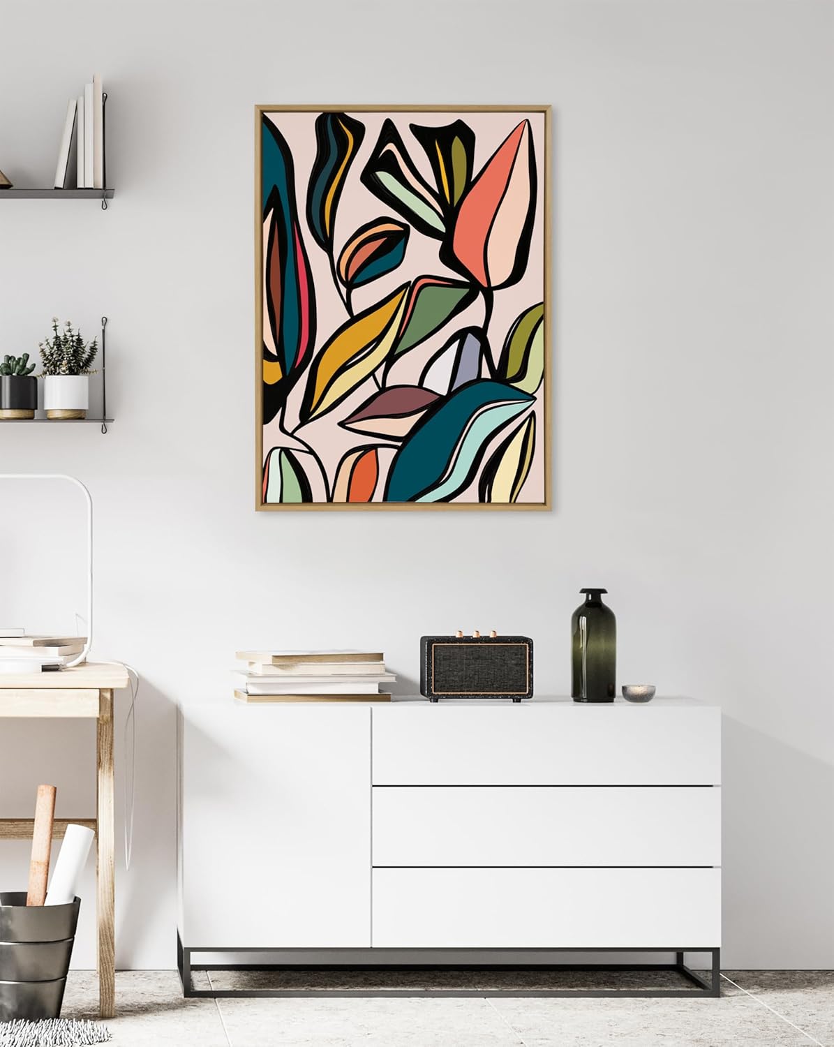 Kate and Laurel Sylvie Fanciful Ficus Framed Canvas Wall Art by Alicia Bock 18x24 Natural Colorful Plant Leaves Art for WallNatural