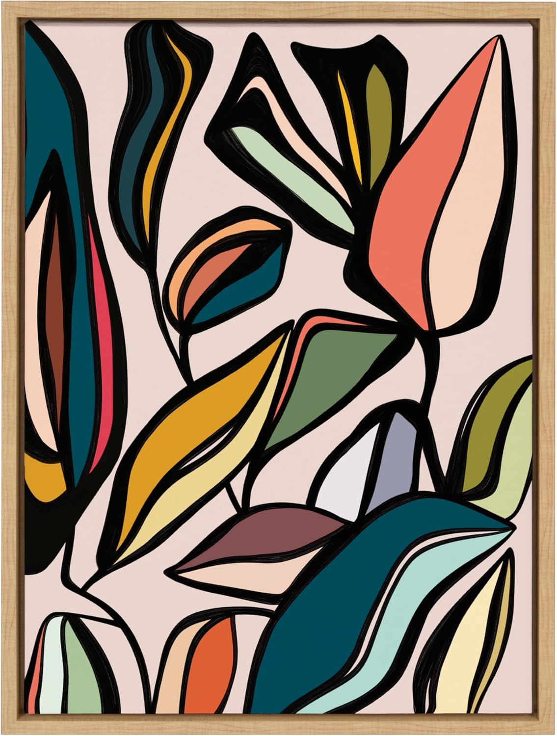 Kate and Laurel Sylvie Fanciful Ficus Framed Canvas Wall Art by Alicia Bock 18x24 Natural Colorful Plant Leaves Art for WallNatural