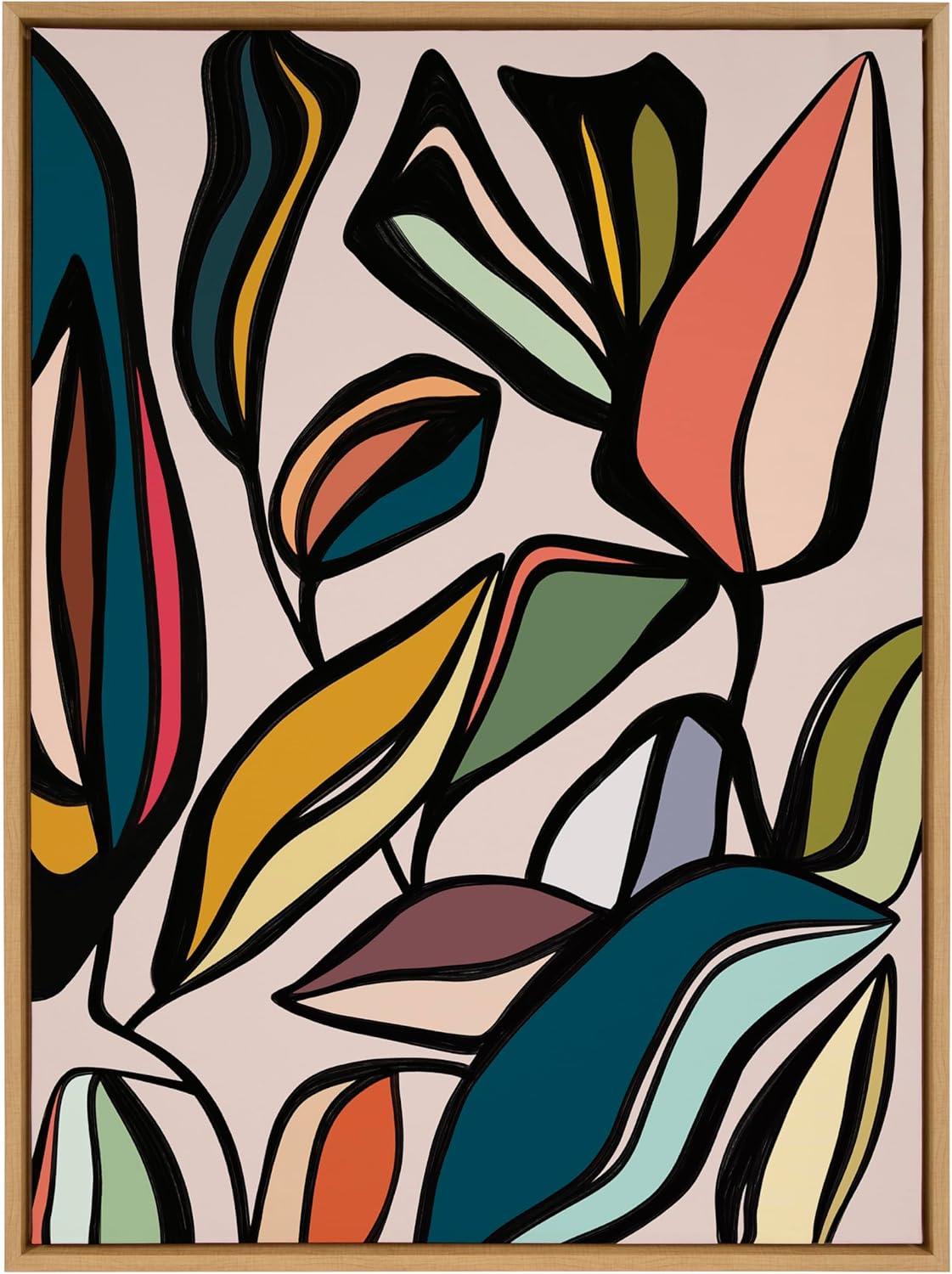 Kate and Laurel Sylvie Fanciful Ficus Framed Canvas Wall Art by Alicia Bock 18x24 Natural Colorful Plant Leaves Art for WallNatural