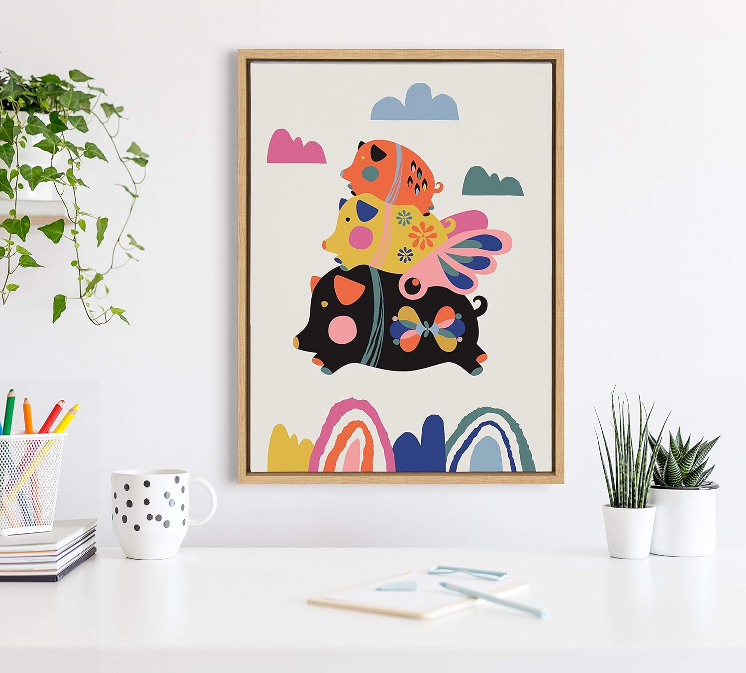 Kate and Laurel Sylvie Flying Pigs Framed Canvas Wall Art by Rachel Lee of My Dream Wall 18x24 Natural Whimsical Abstract Animal Art