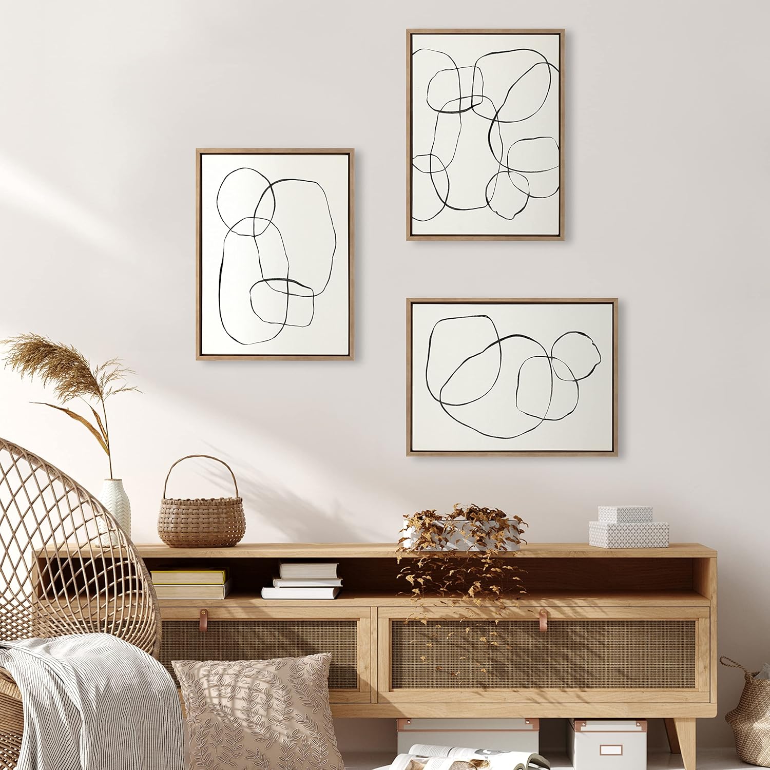 Kate and Laurel Sylvie Going in Circles Dancing Circles and Modern Circles Framed Linen Textured Canvas Art Set by Teju Reval of SnazzyHues 3 Piece Set 18x24 Natural Minimalist Neutral Wall ArtGold