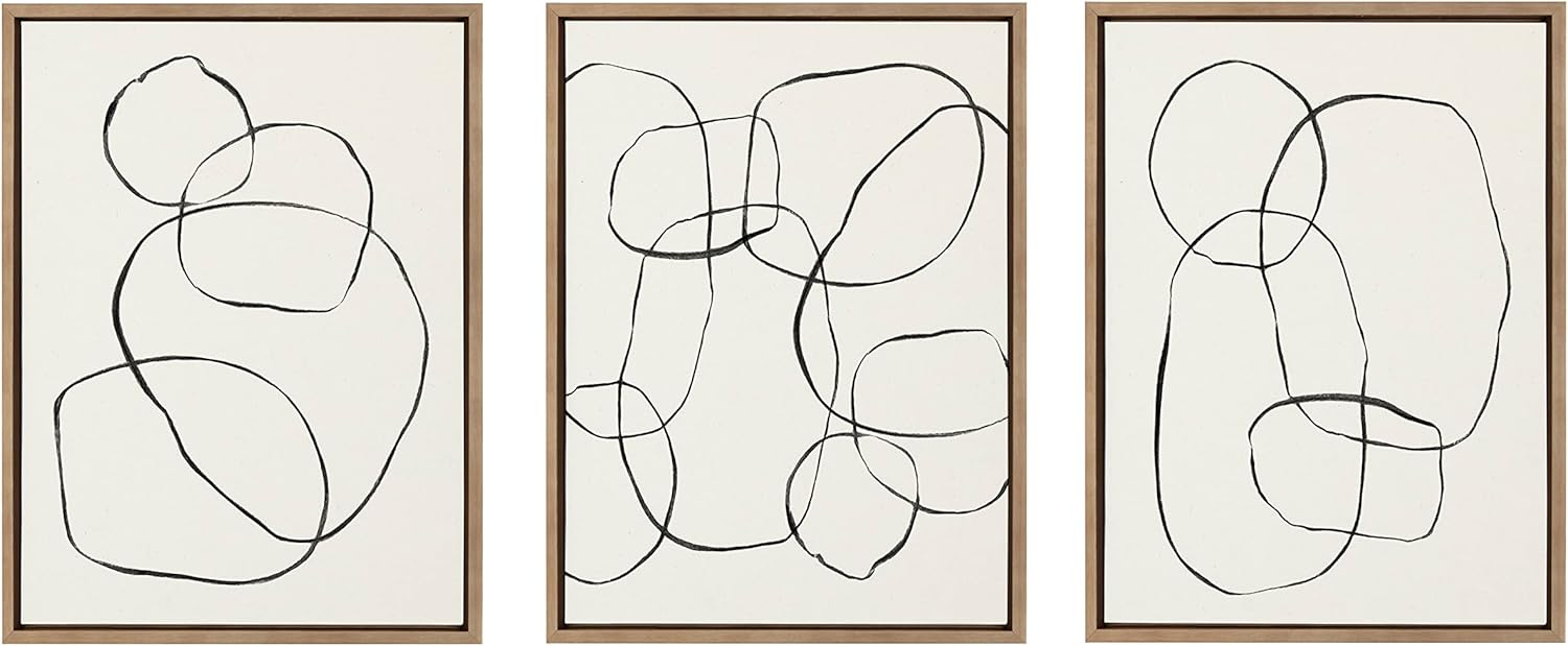 Kate and Laurel Sylvie Going in Circles Dancing Circles and Modern Circles Framed Linen Textured Canvas Art Set by Teju Reval of SnazzyHues 3 Piece Set 18x24 Natural Minimalist Neutral Wall ArtGold