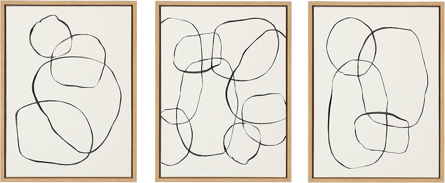 Kate and Laurel Sylvie Going in Circles Dancing Circles and Modern Circles Framed Linen Textured Canvas Art Set by Teju Reval of SnazzyHues 3 Piece Set 18x24 Natural Minimalist Neutral Wall ArtNatural