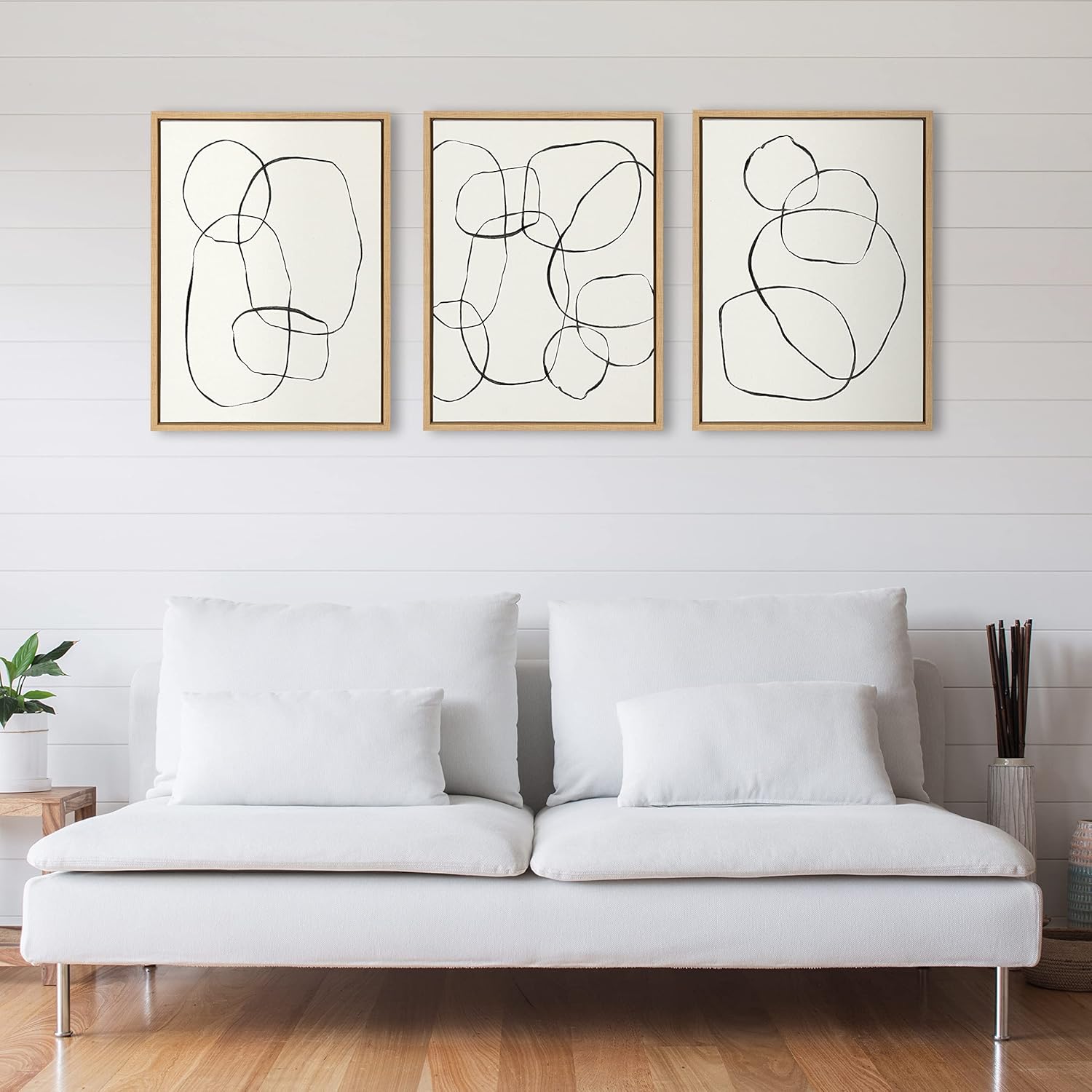 Kate and Laurel Sylvie Going in Circles Dancing Circles and Modern Circles Framed Linen Textured Canvas Art Set by Teju Reval of SnazzyHues 3 Piece Set 18x24 Natural Minimalist Neutral Wall ArtNatural