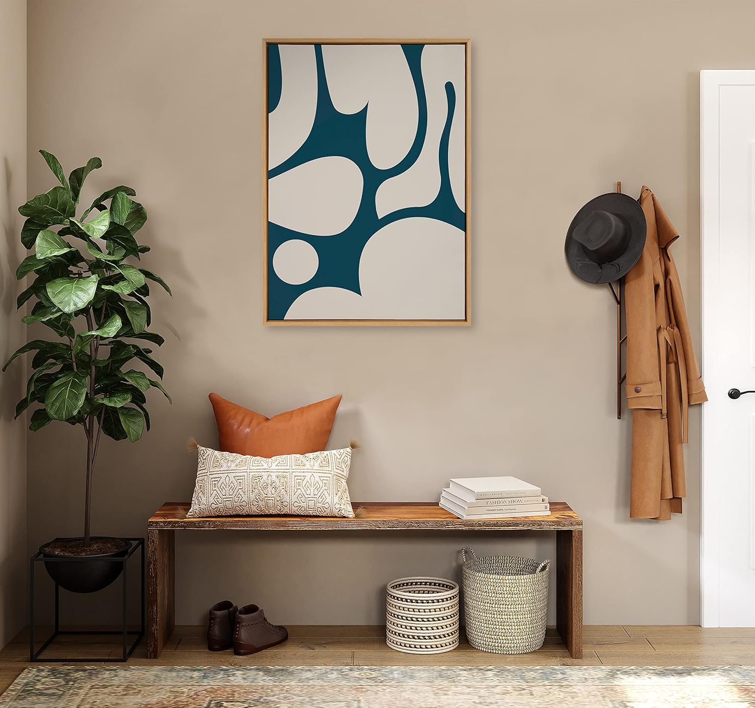 Kate and Laurel Sylvie Groovy Happy Abstract Dark Green Teal and Tan Framed Canvas Wall Art by The Creative Bunch Studio 28x38 Brown Retro Mid Century Modern Abstract Wall DcorNatural