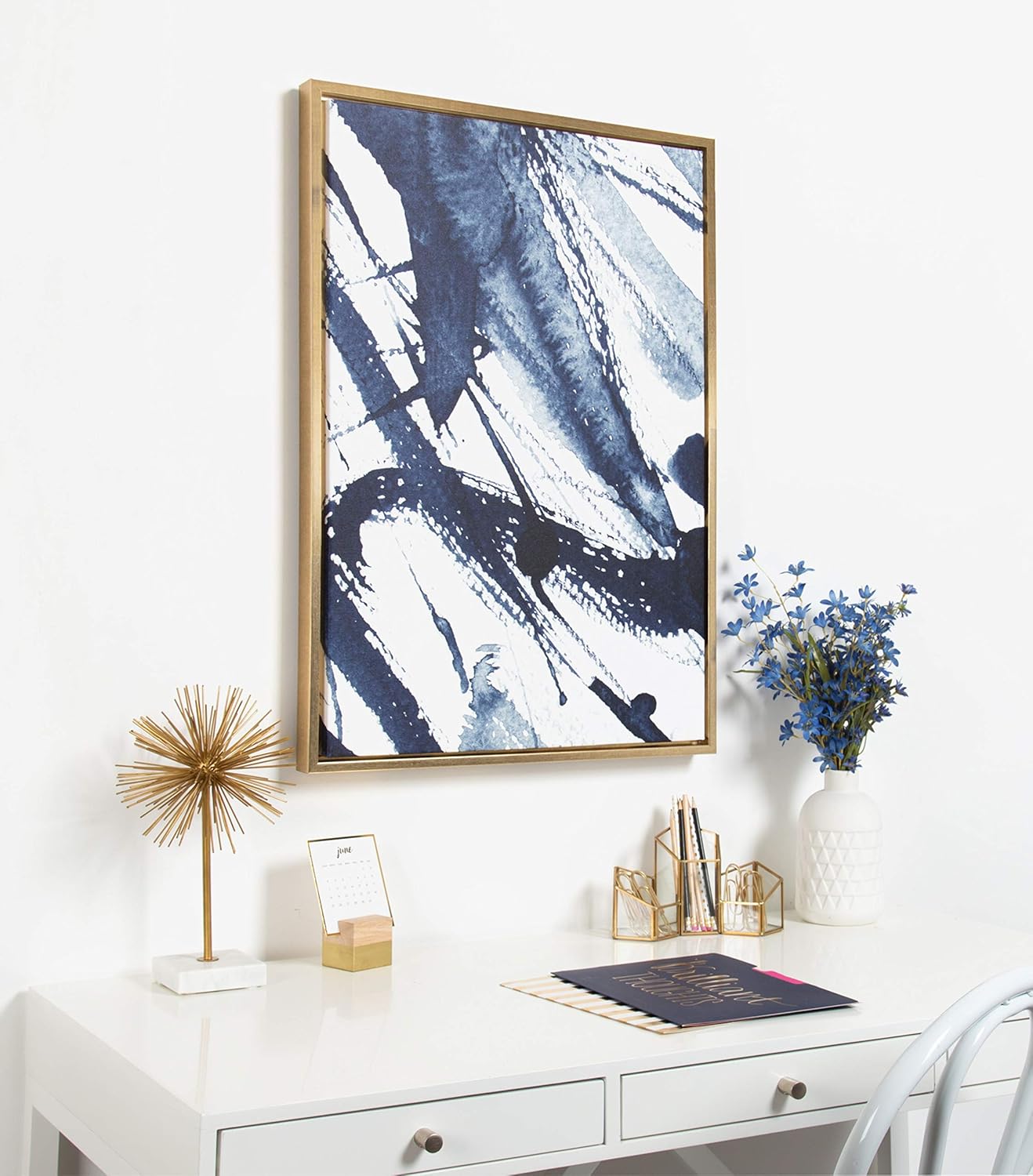 Kate and Laurel Sylvie Indigo Watercolor Framed Canvas Wall Art by Amy Peterson Art Studio 23x33 Gray Decorative Abstract Art Print for WallGold