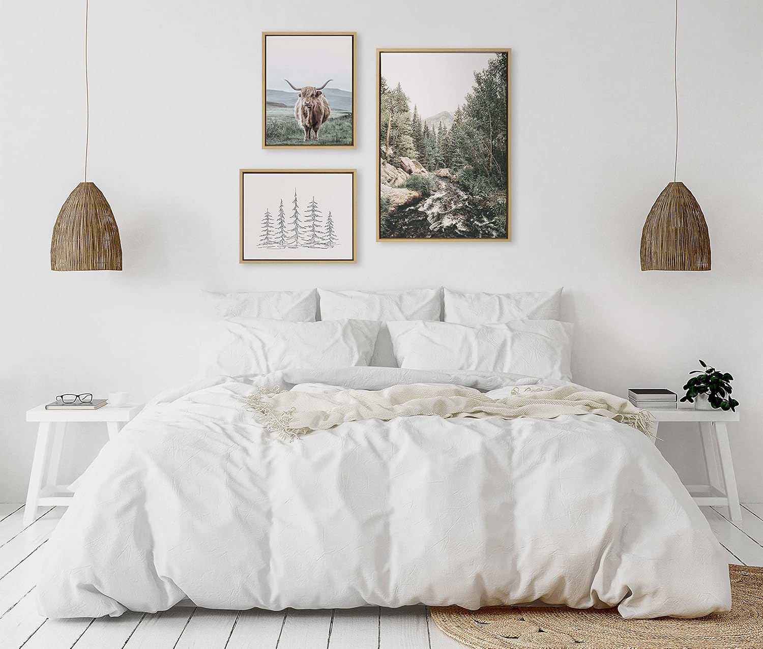 Kate and Laurel Sylvie Meet Me Here Highland Cow Mountain Landscape and Minimalist Evergreen Trees Framed Canvas Wall Art Set by Various Artists Set of 3 two 16x20 and one 23x33 Natural FramesNatural