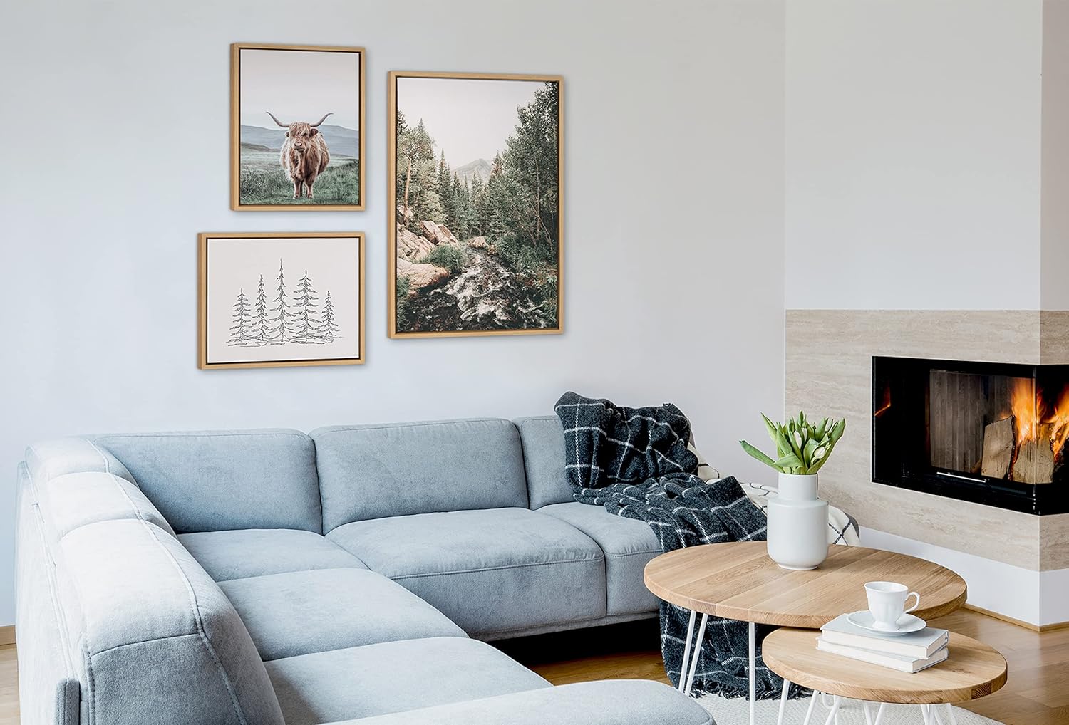 Kate and Laurel Sylvie Meet Me Here Highland Cow Mountain Landscape and Minimalist Evergreen Trees Framed Canvas Wall Art Set by Various Artists Set of 3 two 16x20 and one 23x33 Natural FramesNatural