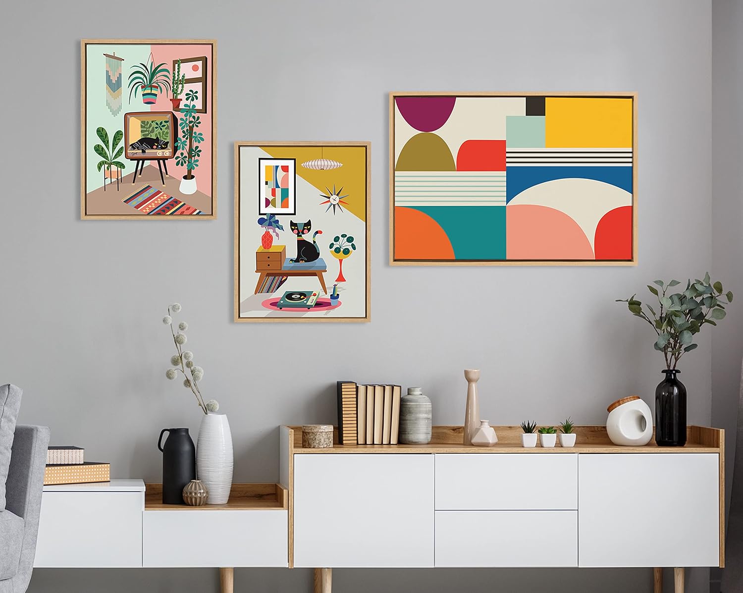 Kate and Laurel Sylvie Mid Century Modern Pattern Framed Canvas Wall Art by Rachel Lee of My Dream Wall 18x40 Brown Colorful Abstract Art Print for Home Wall DecorNatural