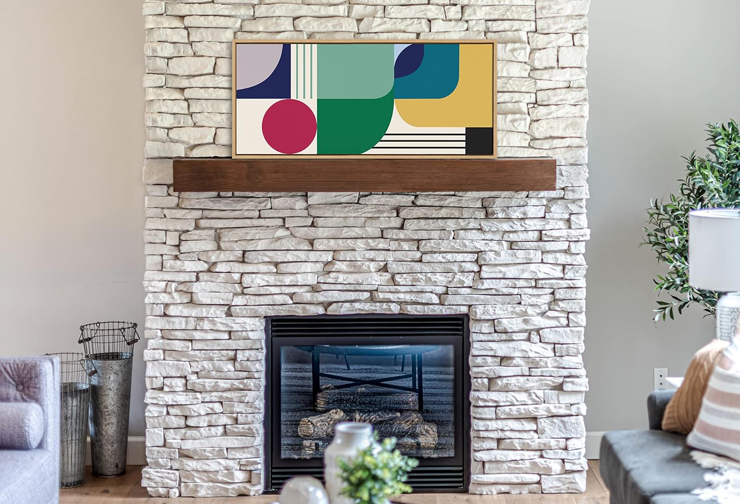 Kate and Laurel Sylvie MidCentury Modern Pattern 14 Framed Canvas Wall Art Home Decor by Rachel Lee of My Dream Wall 18x40 Natural Colorful Abstract Shape Pattern Art for Wall