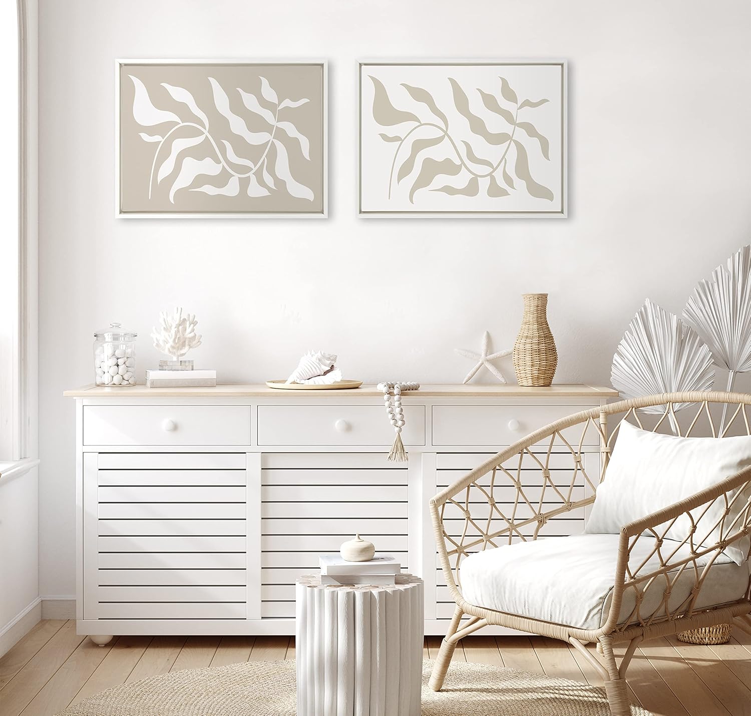 Kate and Laurel Sylvie Modern Matisse Inspired Botanical White on Beige and Beige on White Framed Canvas Set by The Creative Bunch Studio 2 Piece Set 18x24 White Modern Neutral Beige Wall Dcor Set