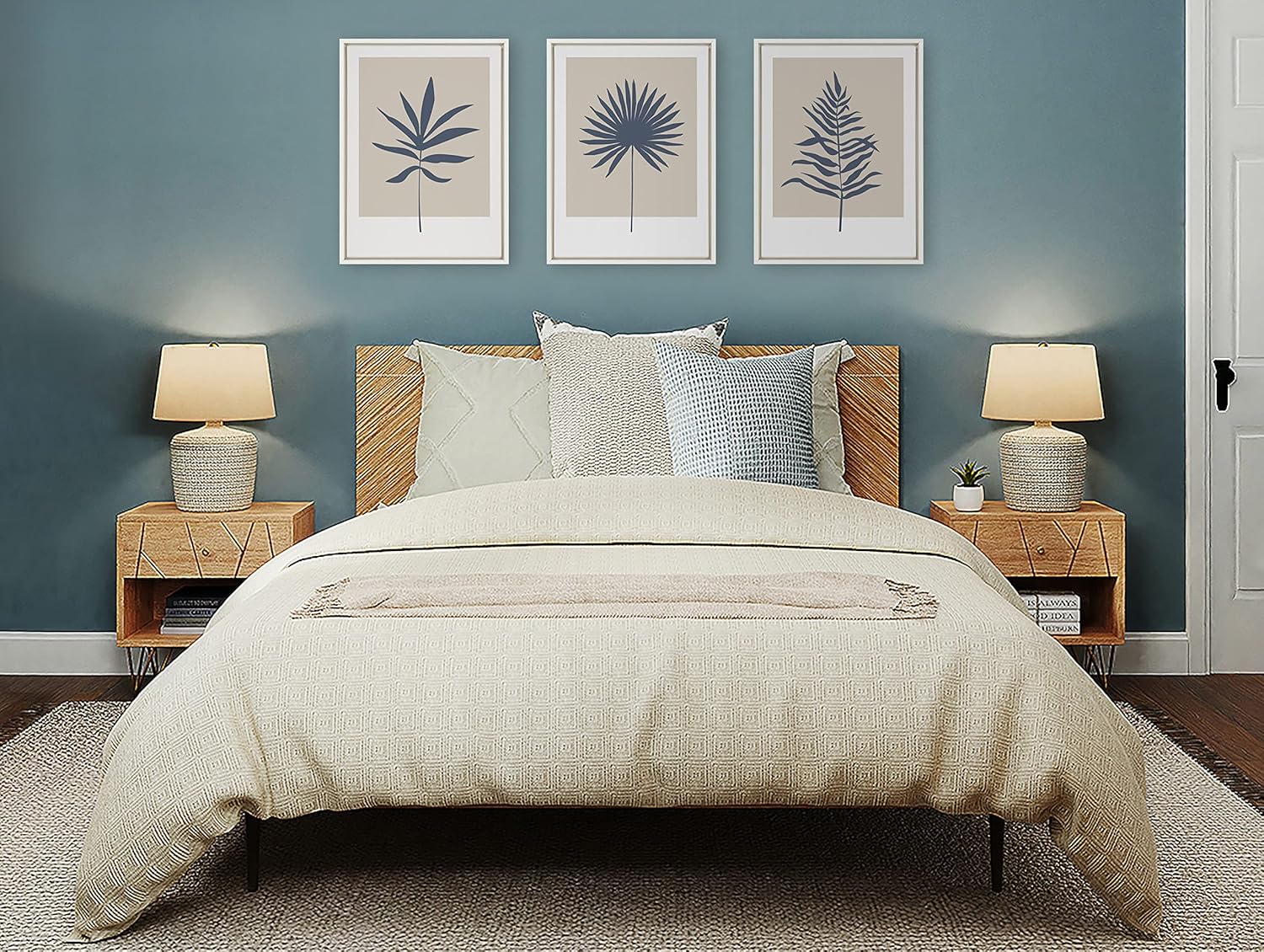 Kate and Laurel Sylvie Muted Tan and Blue Colorblock Botanical Fern Framed Canvas Wall Art by The Creative Bunch Studio 18x24 White Decorative Simple Plant Art for WallWhite