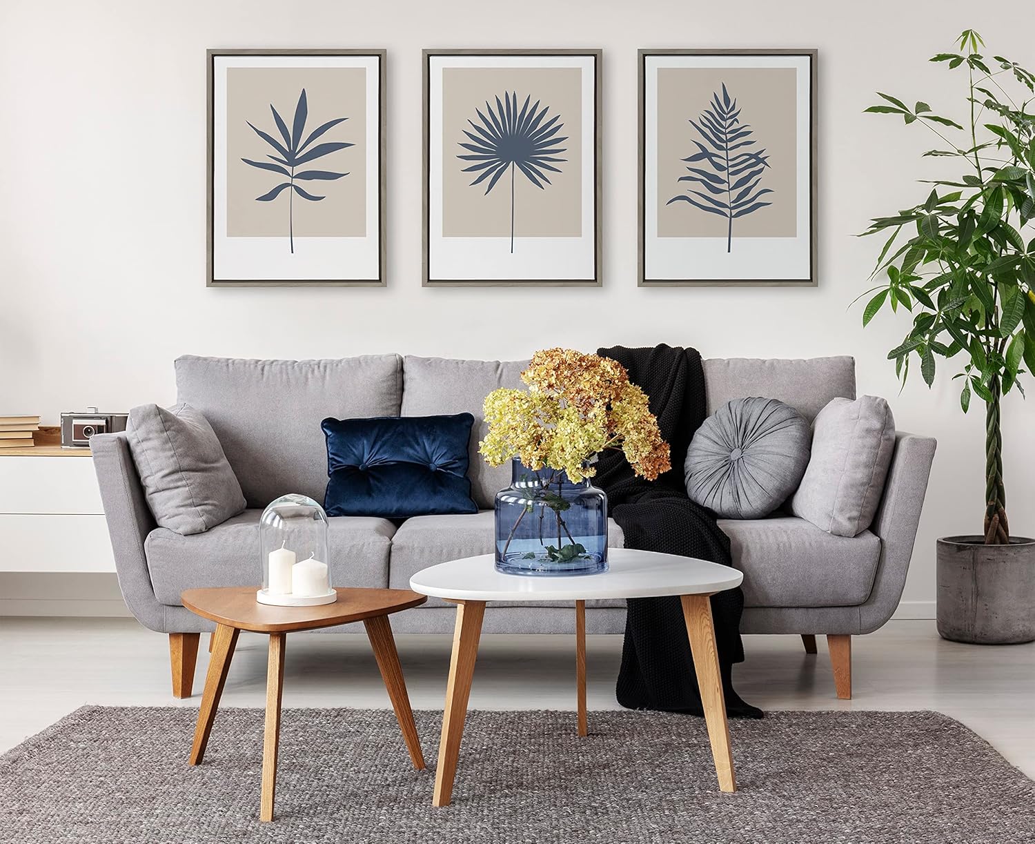 Kate and Laurel Sylvie Muted Tan and Blue Colorblock Botanical Fern Framed Canvas Wall Art by The Creative Bunch Studio 18x24 White Decorative Simple Plant Art for WallGray