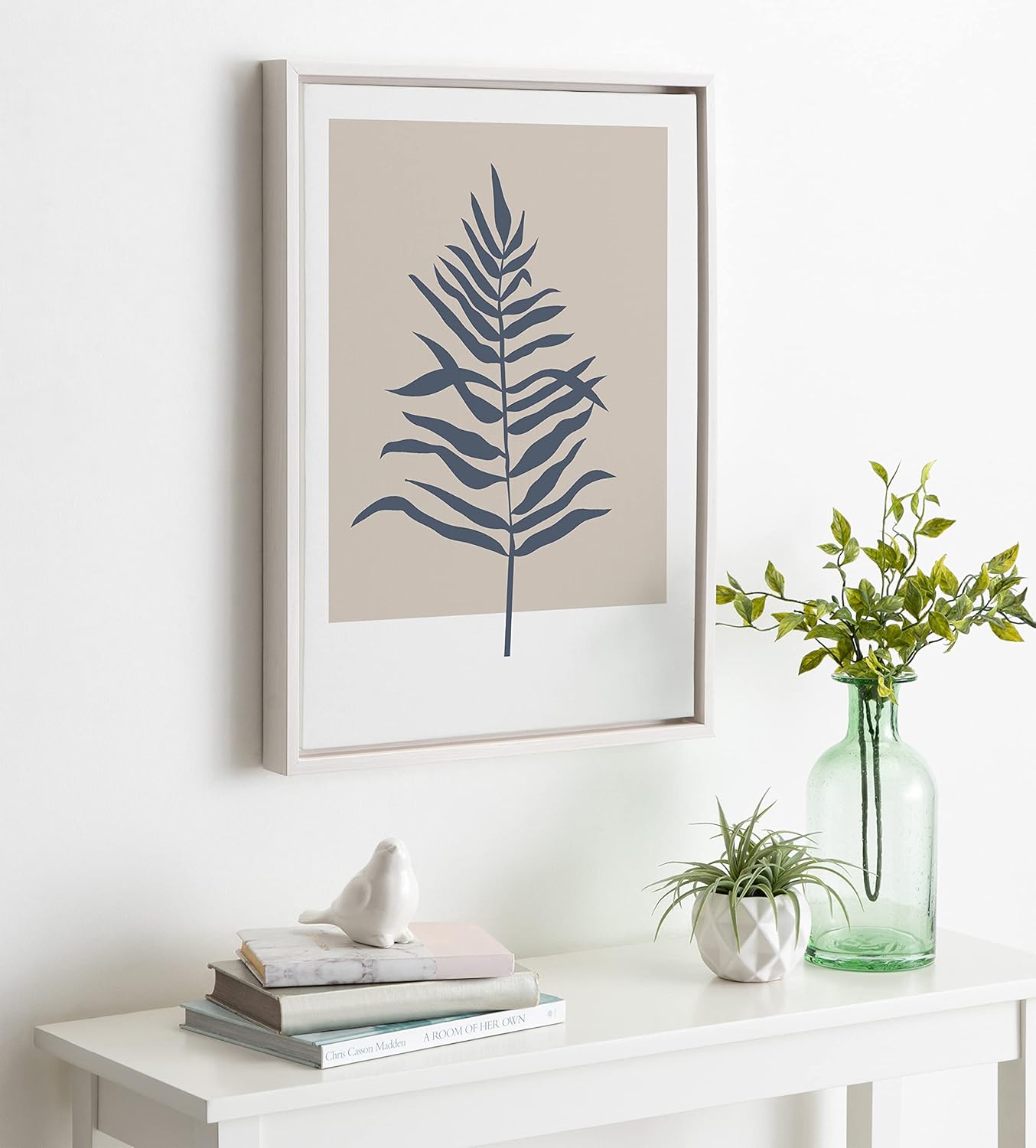 Kate and Laurel Sylvie Muted Tan and Blue Colorblock Botanical Fern Framed Canvas Wall Art by The Creative Bunch Studio 18x24 White Decorative Simple Plant Art for WallWhite