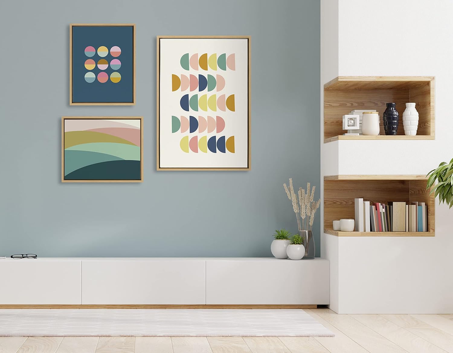 Kate and Laurel Sylvie Simple Shapes in Soft Colors Framed Canvas Wall Art Set by Apricot and Birch Set of 3 two 16x20 and one 23x33 Natural Finish Frames Decorative Abstract Art Set for Wall