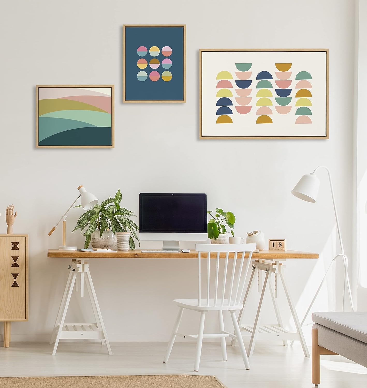 Kate and Laurel Sylvie Simple Shapes in Soft Colors Framed Canvas Wall Art Set by Apricot and Birch Set of 3 two 16x20 and one 23x33 Natural Finish Frames Decorative Abstract Art Set for Wall