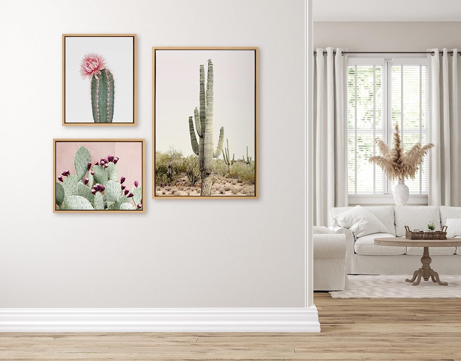 Kate and Laurel Sylvie Sunrise Cactus Pink Cactus Flower and Cactus 25 Framed Canvas Wall Art Set by Amy Peterson Art Studio 3 Piece Set 16x20 and 23x33 Natural Southwest Desert Wall Dcor