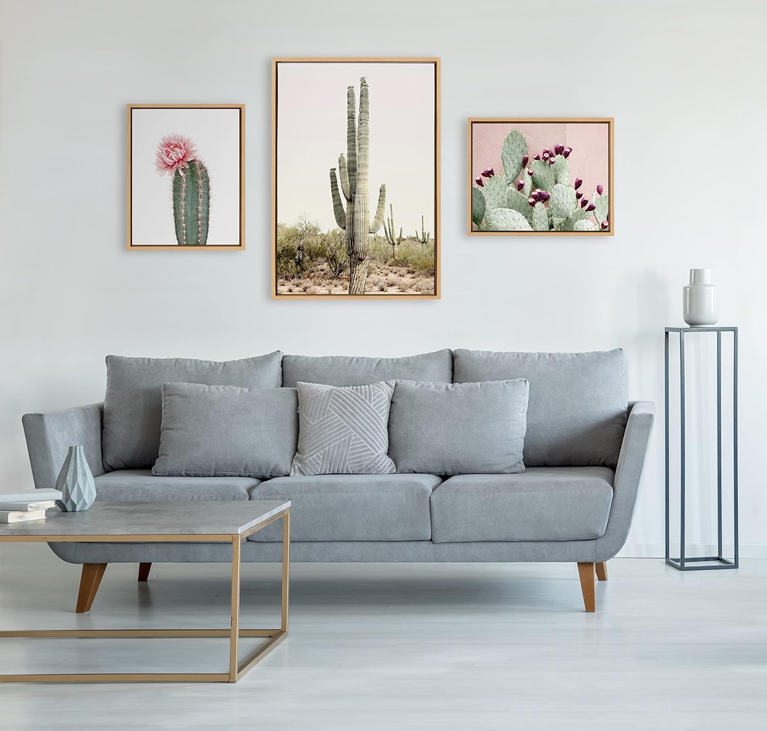 Kate and Laurel Sylvie Sunrise Cactus Pink Cactus Flower and Cactus 25 Framed Canvas Wall Art Set by Amy Peterson Art Studio 3 Piece Set 16x20 and 23x33 Natural Southwest Desert Wall Dcor