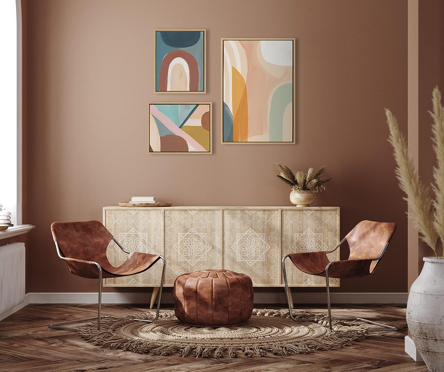 Kate and Laurel Sylvie Sunrise Over Marrakesh Teotitlan Valley Study 1 and 2 Framed Canvas Wall Art Set by Kate Aurelia Holloway 3 Piece Set 23x33 and 16x20 Natural MidCentury Modern Abstract Art