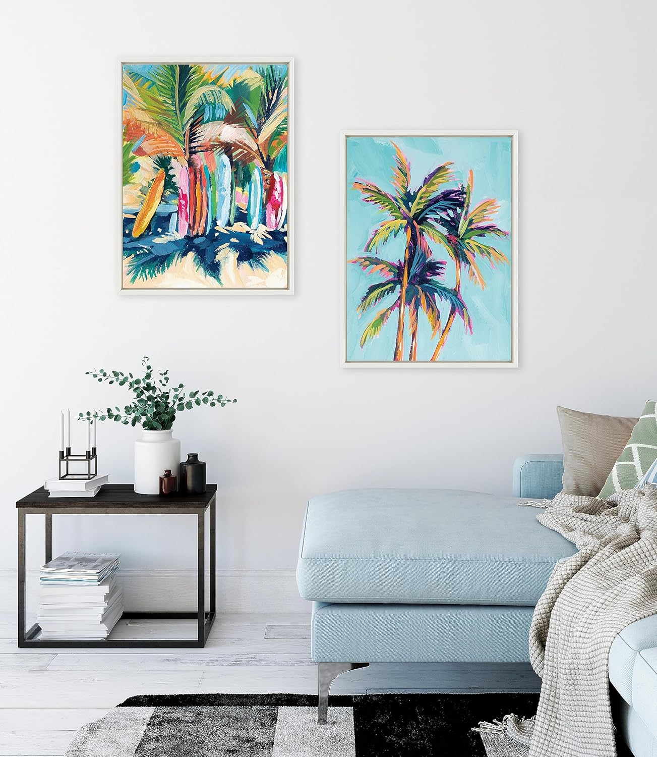 Kate and Laurel Sylvie Surf and Sand and Tropical Palms Study Framed Canvas Wall Art Set by Rachel Christopoulos 2 Piece 18x24 White Coastal Beach Palm Tree Art for Wall