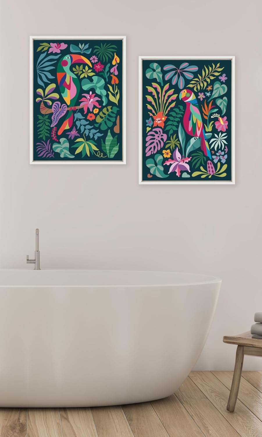 Kate and Laurel Sylvie Tropical Parrot and Tropical Toucan Framed Canvas Wall Art Set by Rachel Lee 2 Piece 18x24 White Vibrant Colorful Bird Art for Wall
