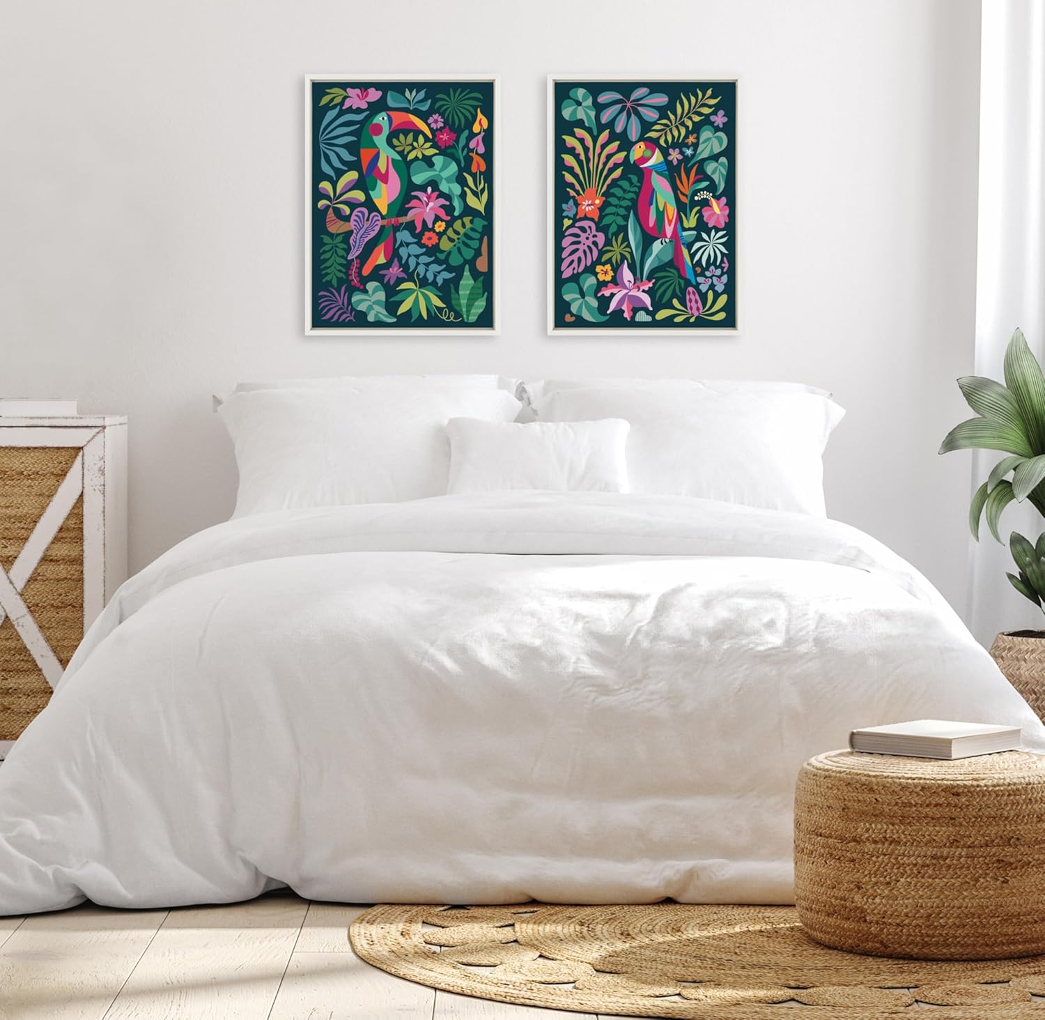 Kate and Laurel Sylvie Tropical Parrot and Tropical Toucan Framed Canvas Wall Art Set by Rachel Lee 2 Piece 18x24 White Vibrant Colorful Bird Art for Wall