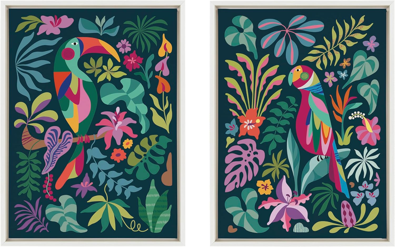 Kate and Laurel Sylvie Tropical Parrot and Tropical Toucan Framed Canvas Wall Art Set by Rachel Lee 2 Piece 18x24 White Vibrant Colorful Bird Art for Wall