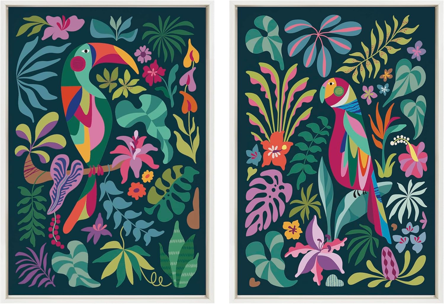 Kate and Laurel Sylvie Tropical Parrot and Tropical Toucan Framed Canvas Wall Art Set by Rachel Lee 2 Piece Set 23x33 White Vibrant Colorful Bird Art for Wall