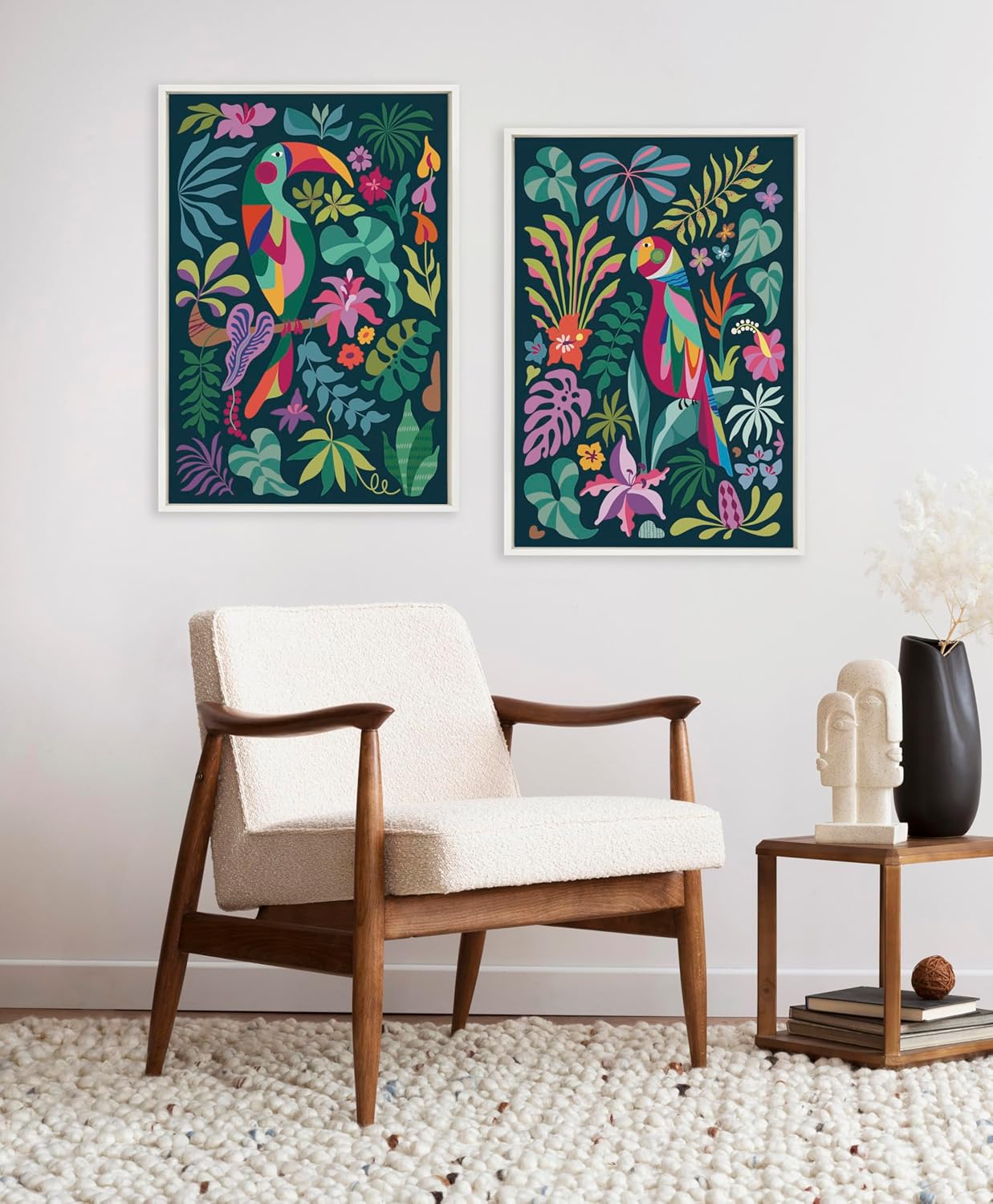 Kate and Laurel Sylvie Tropical Parrot and Tropical Toucan Framed Canvas Wall Art Set by Rachel Lee 2 Piece Set 23x33 White Vibrant Colorful Bird Art for Wall