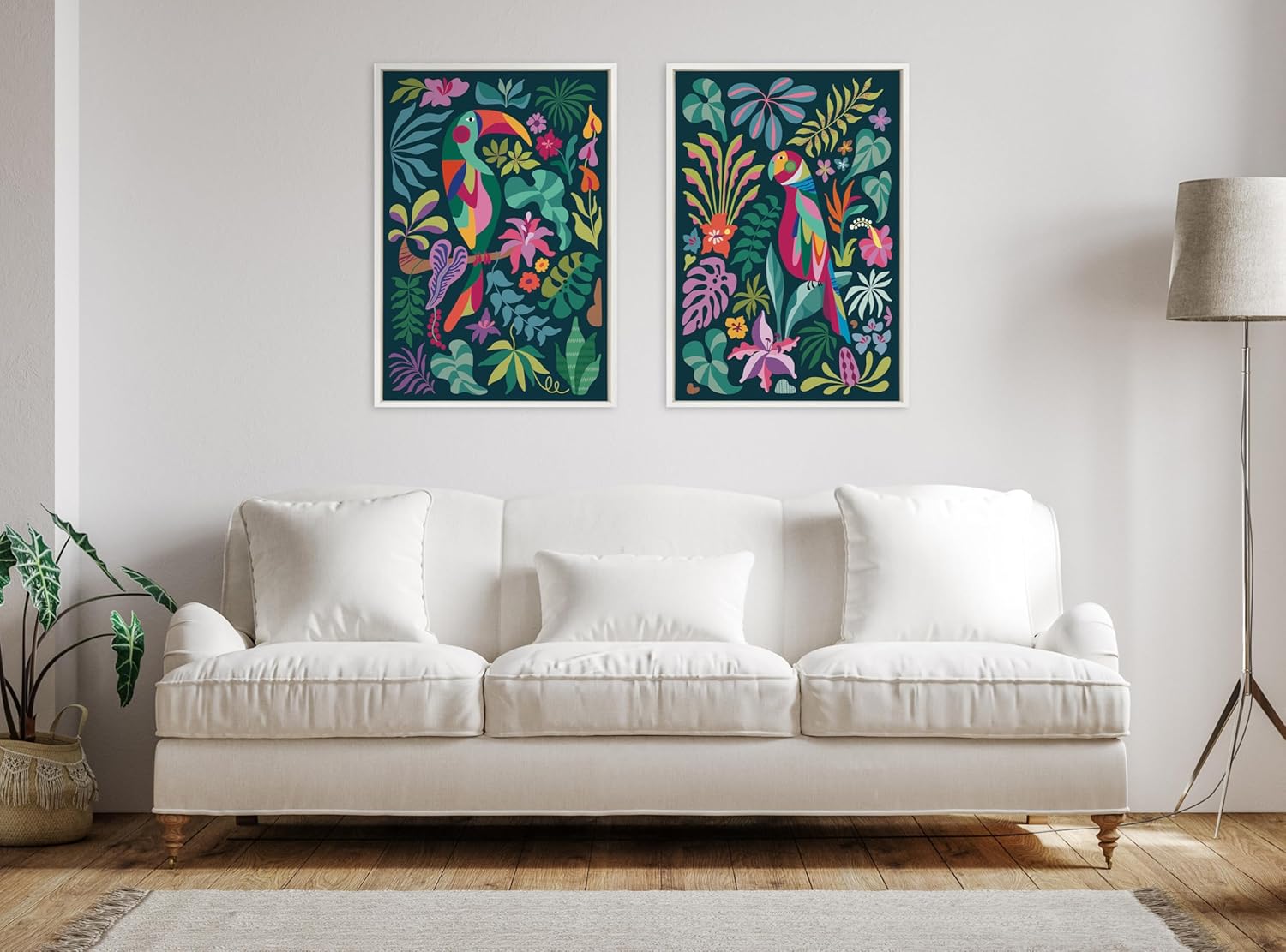 Kate and Laurel Sylvie Tropical Parrot and Tropical Toucan Framed Canvas Wall Art Set by Rachel Lee 2 Piece Set 23x33 White Vibrant Colorful Bird Art for Wall