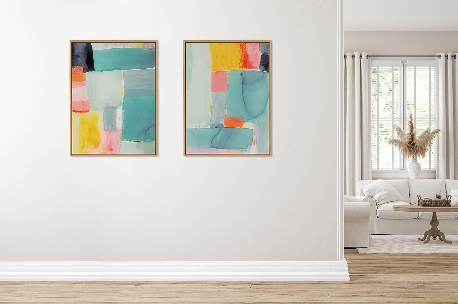 Kate and Laurel Sylvie United Colors I Framed Canvas Wall Art by Amy Lighthall 28x38 Natural Modern Soft Watercolor Abstract Art for Wall Home DecorNatural
