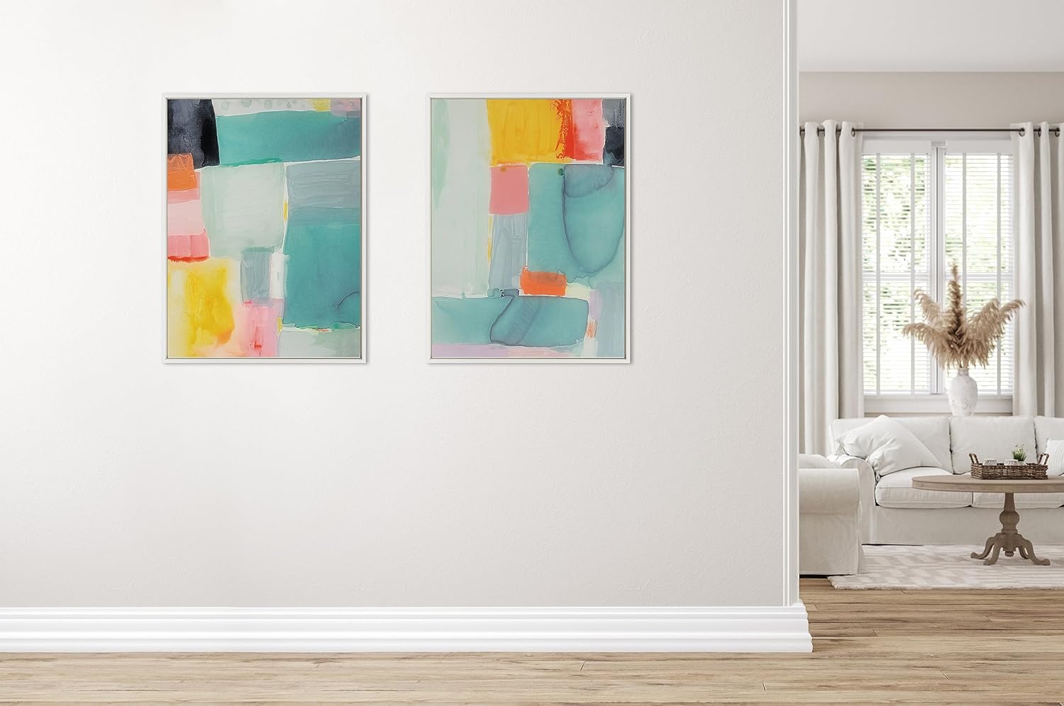 Kate and Laurel Sylvie United Colors I Framed Canvas Wall Art by Amy Lighthall 28x38 Natural Modern Soft Watercolor Abstract Art for Wall Home DecorWhite