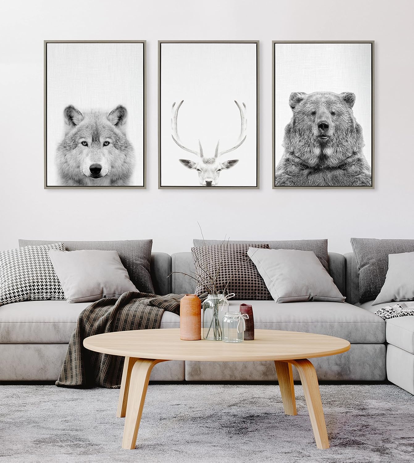 Kate and Laurel Sylvie Wolf and Bear European Framed Canvas Wall Art Set by Simon Te of Tai Prints 2 piece 18x24 Natural Modern Nature Animals Art for Wall Home DecorGray