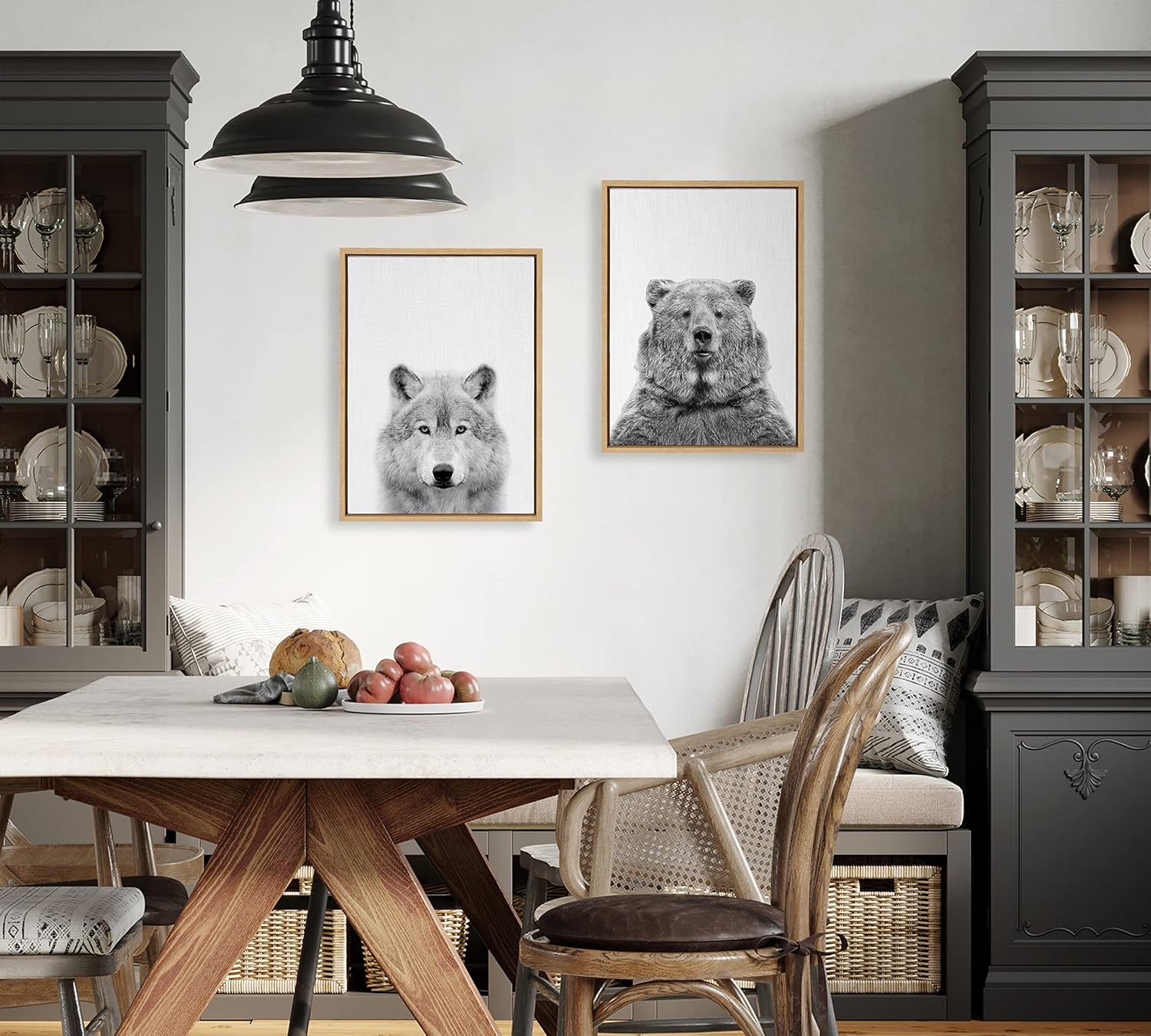 Kate and Laurel Sylvie Wolf and Bear European Framed Canvas Wall Art Set by Simon Te of Tai Prints 2 piece 18x24 Natural Modern Nature Animals Art for Wall Home DecorNatural