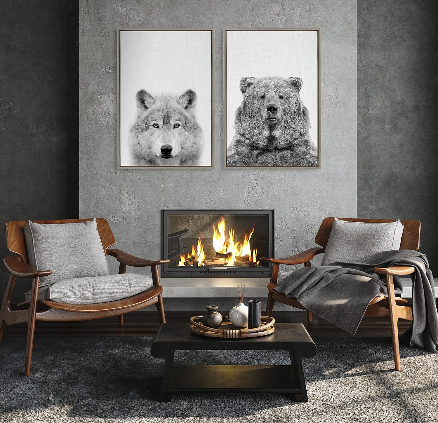 Kate and Laurel Sylvie Wolf and Bear European Framed Canvas Wall Art Set by Simon Te of Tai Prints 2 piece 18x24 Natural Modern Nature Animals Art for Wall Home DecorGray