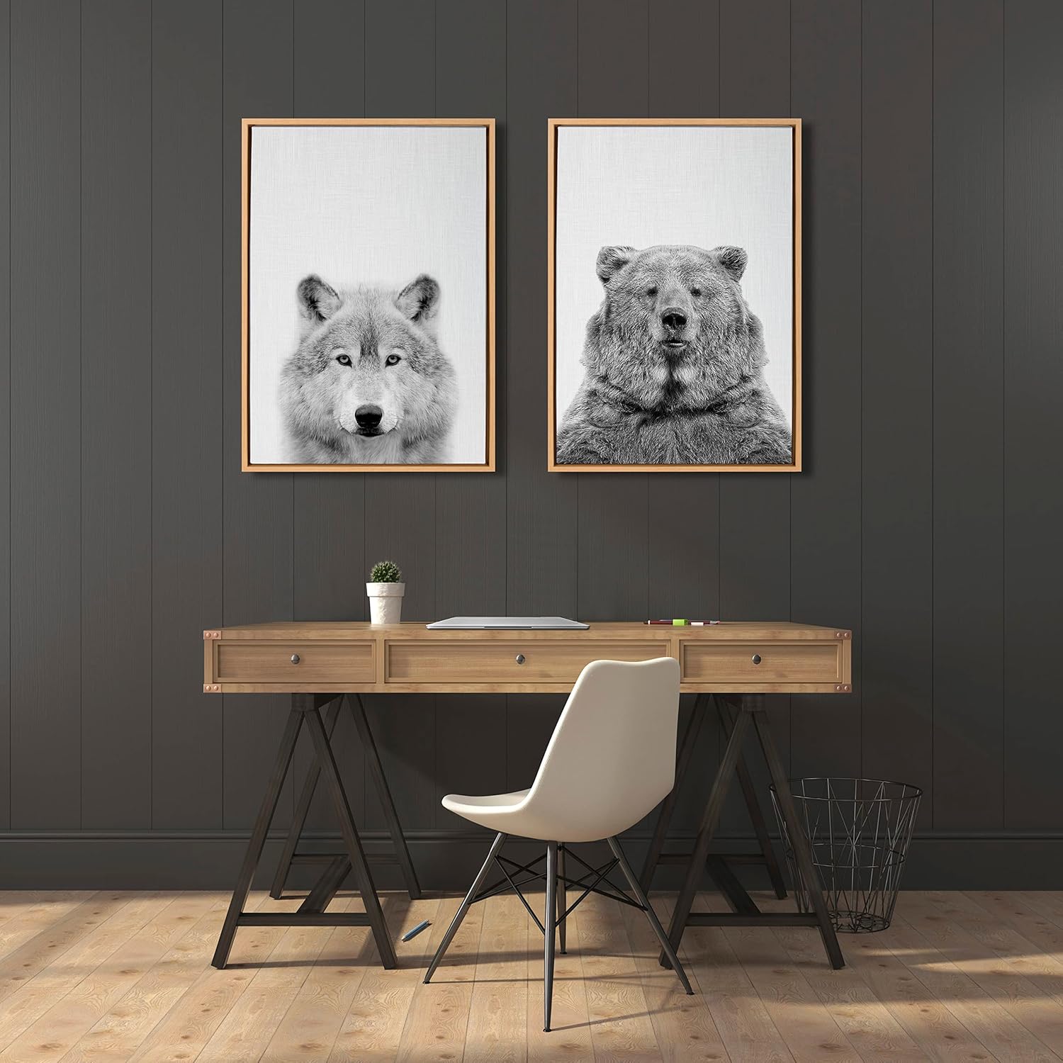 Kate and Laurel Sylvie Wolf and Bear European Framed Canvas Wall Art Set by Simon Te of Tai Prints 2 piece 18x24 Natural Modern Nature Animals Art for Wall Home DecorNatural