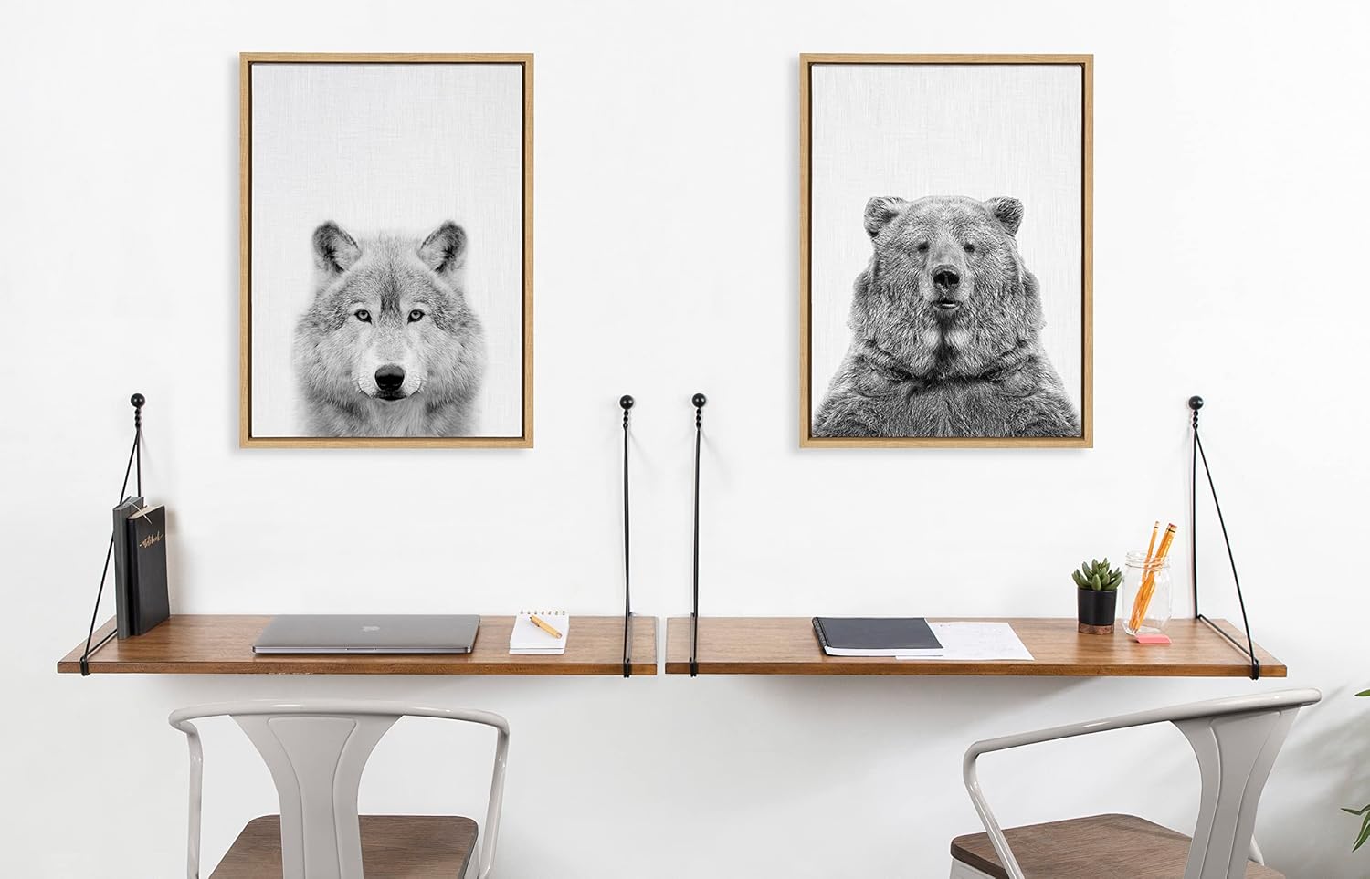 Kate and Laurel Sylvie Wolf and Bear European Framed Canvas Wall Art Set by Simon Te of Tai Prints 2 piece 18x24 Natural Modern Nature Animals Art for Wall Home DecorNatural