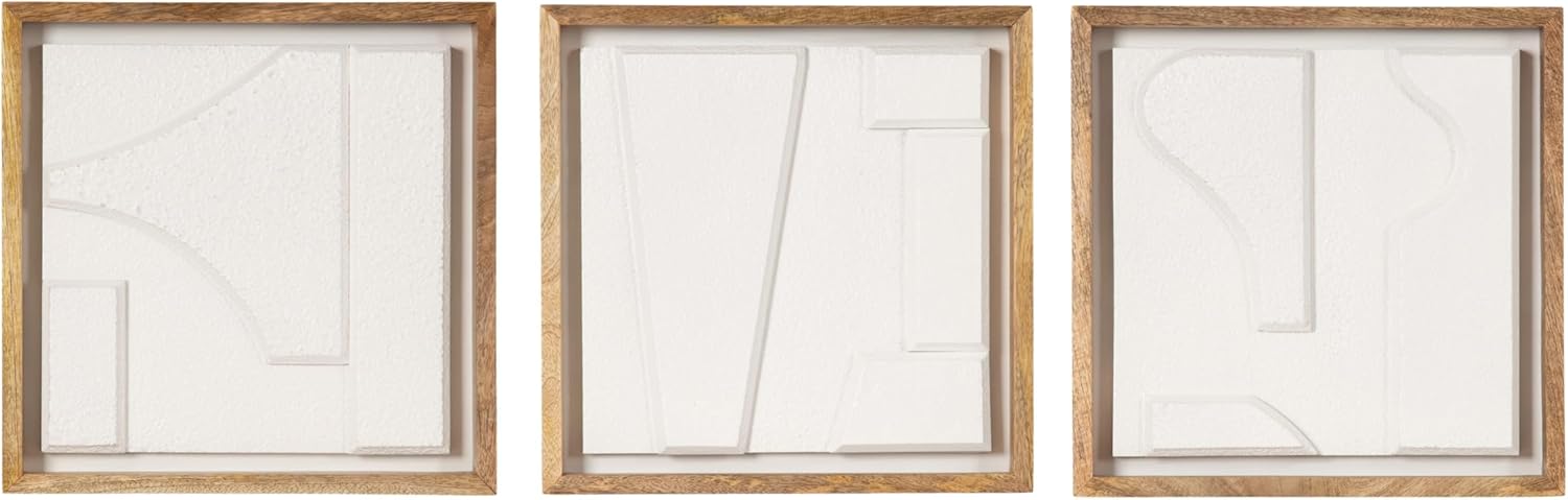 Kate and Laurel Yukiah Modern Geometric Wooden Wall Art Set Set of 3 White and Natural Wood Transitional Decorative Sculptural Wood Plaque Art Collection for Wall Decor