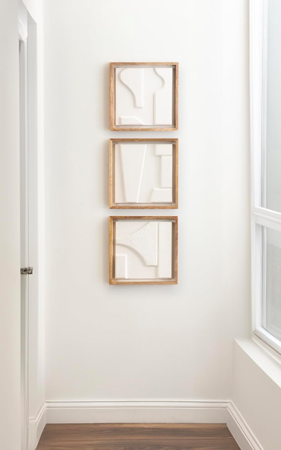 Kate and Laurel Yukiah Modern Geometric Wooden Wall Art Set Set of 3 White and Natural Wood Transitional Decorative Sculptural Wood Plaque Art Collection for Wall Decor