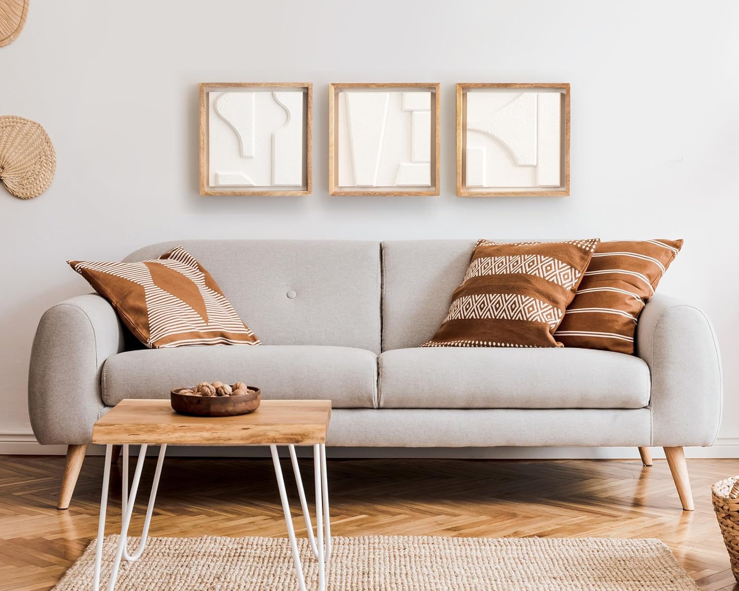 Kate and Laurel Yukiah Modern Geometric Wooden Wall Art Set Set of 3 White and Natural Wood Transitional Decorative Sculptural Wood Plaque Art Collection for Wall Decor
