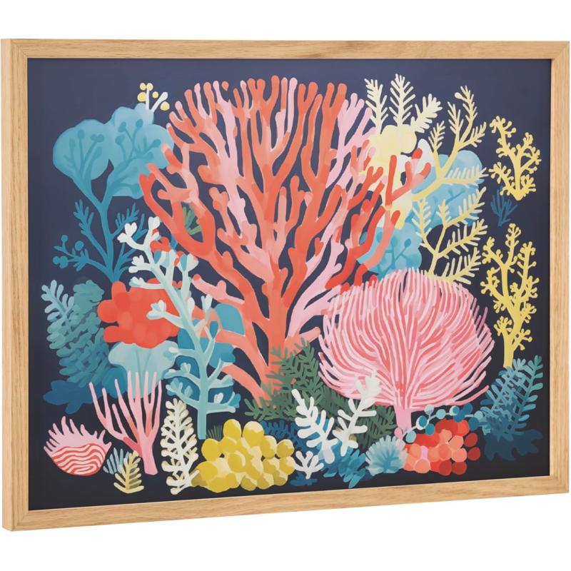 Kate and Laurel Abstract Coastal Blue Coral Framed Wall Art by The Creative Bunch Studio 12x16 Gold Modern Soft Beach Art for WallNatural  Bright Coral