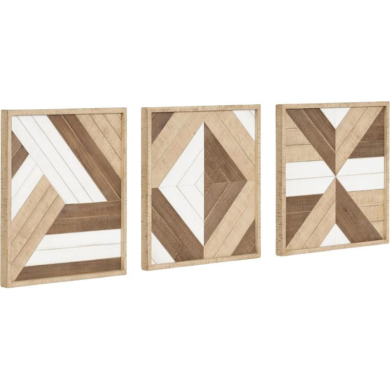Kate and Laurel Ballez Coastal Geometric Wood Art Set Set of 3 Light Multicolored Decorative Pieced Wooden Plaque Collection for WallLight Brown