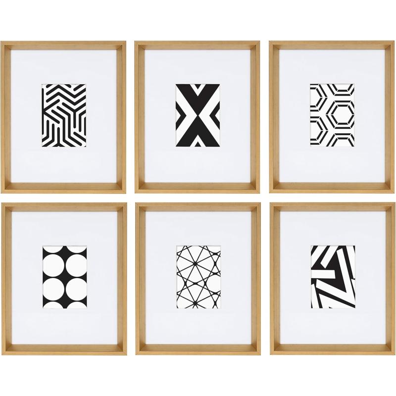 Kate and Laurel Calter 6 Framed Modern Black and White Geometric Abstract Art Prints BlackGold