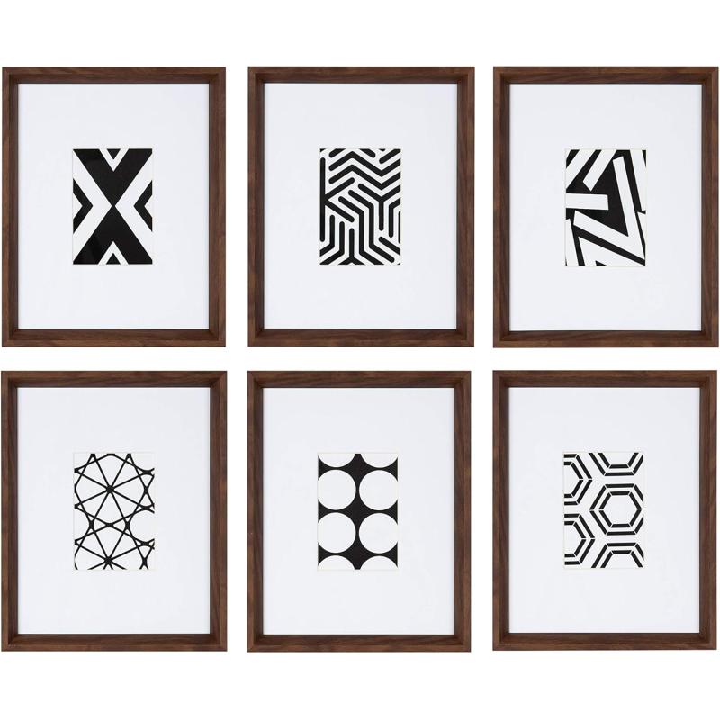 Kate and Laurel Calter 6 Framed Modern Black and White Geometric Abstract Art Prints BlackWalnut Brown