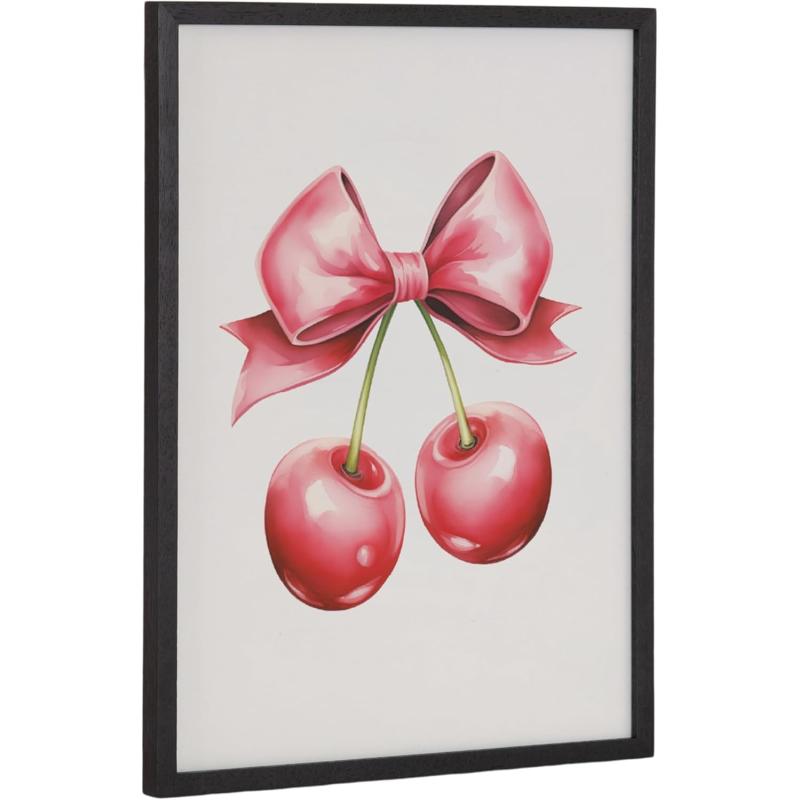 Kate and Laurel Coquette Preppy Retro Girly Red Pink Bow Cherries Framed Wall Art by The Creative Bunch Studio 12x16 Gold Cute Hair Bow Art for WallBlack  Red Bows