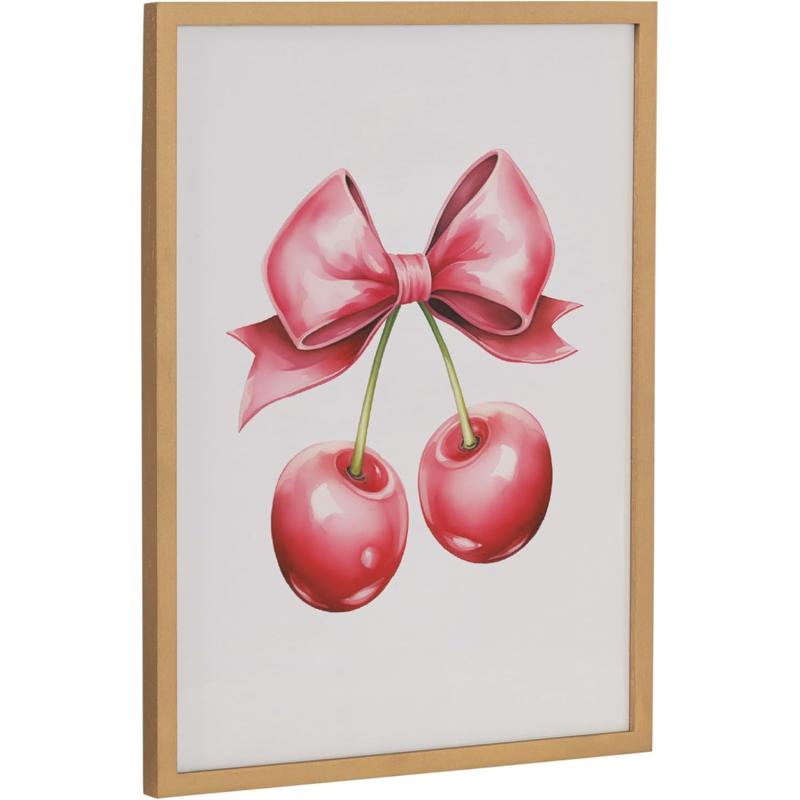 Kate and Laurel Coquette Preppy Retro Girly Red Pink Bow Cherries Framed Wall Art by The Creative Bunch Studio 12x16 Gold Cute Hair Bow Art for WallGold  Red Bows